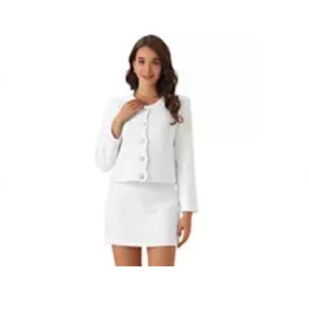 White Tweed Skirt Suit with Pearl Buttons